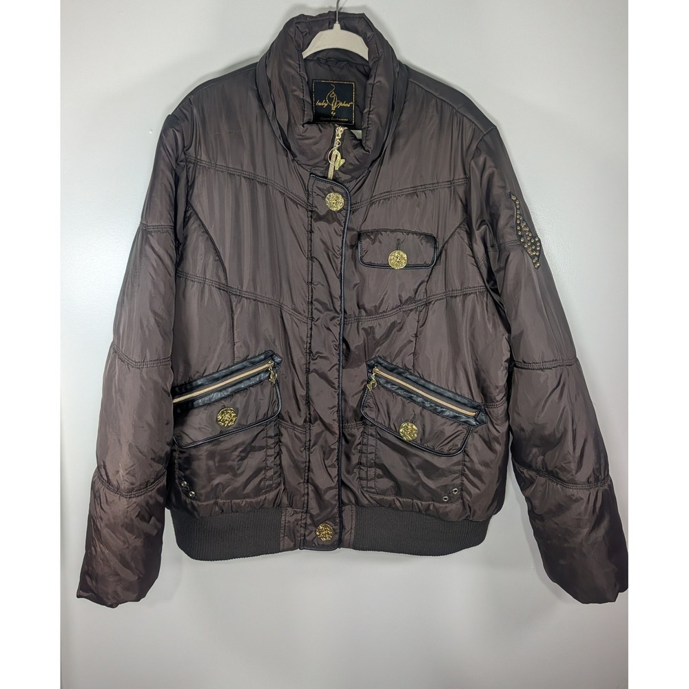 Baby Phat Kimora Lee Simmons Brown Puffer Bomber Jacket Size 4X Y2K Gold Logo